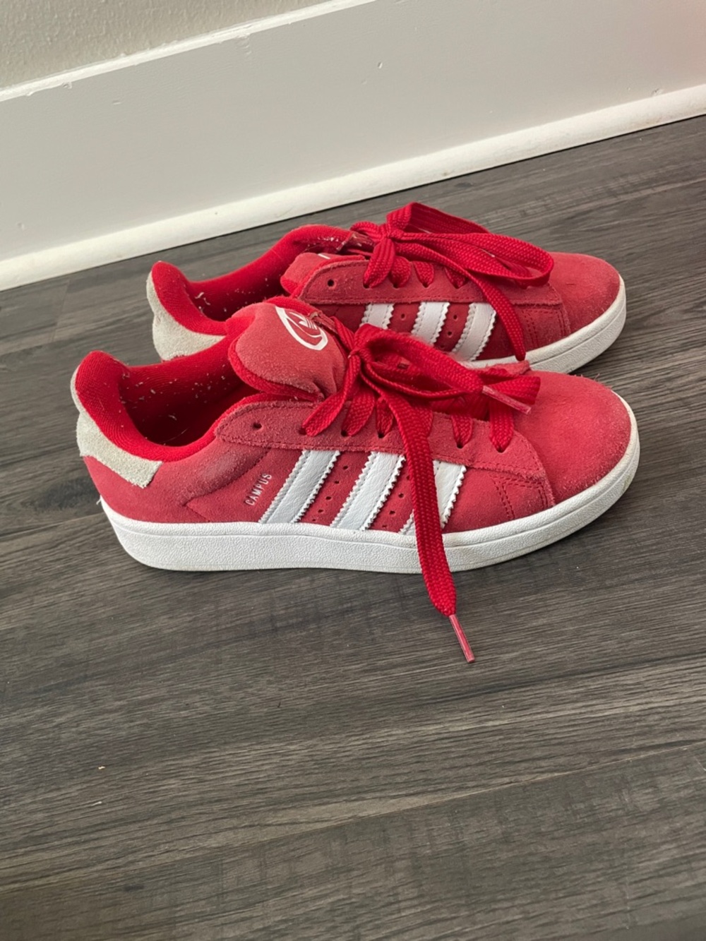 adidas Kids Red Suede Sneakers with White Stripes